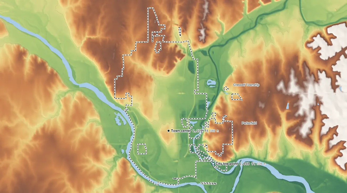 Topographic elevation map of Arkansas City, Kansas, shaded from 1,040 ft on the southeast side to 1,210 ft on the north side