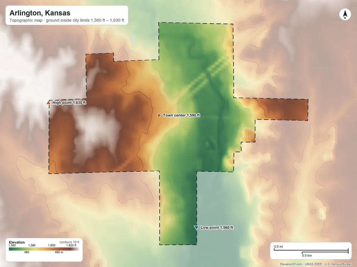 Topographic elevation map of Arlington, Kansas, shaded from 1,560 ft on the south side to 1,630 ft on the west side