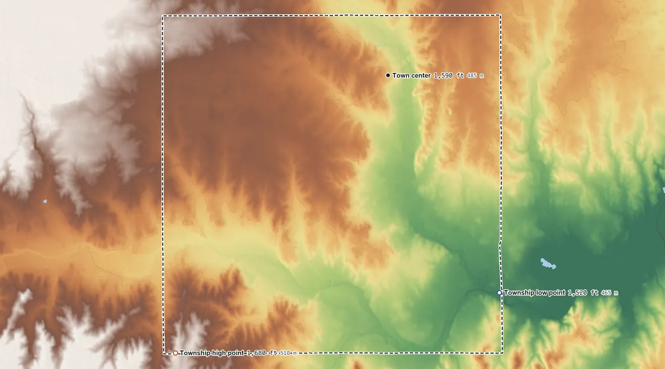 Topographic elevation map of Arlington Township, Kansas, shaded from 1,520 ft on the southeast side to 1,680 ft on the southwest side