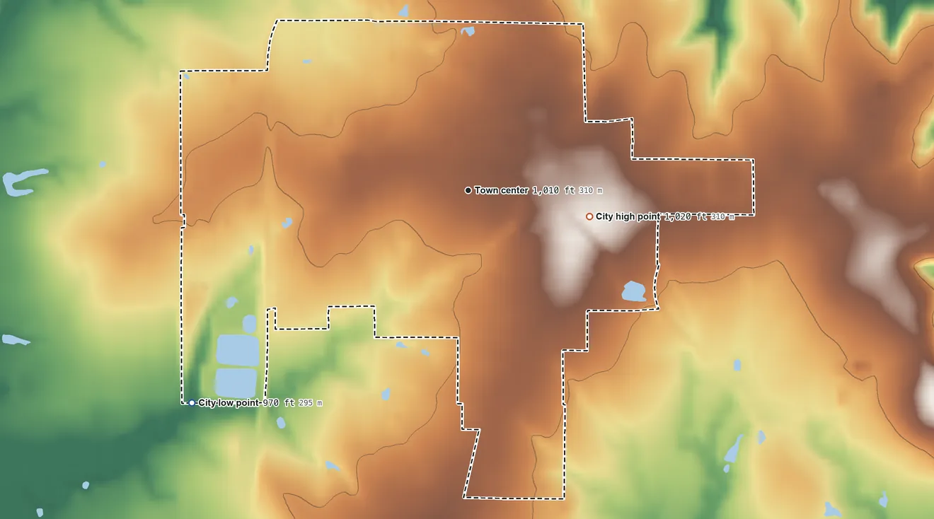 Topographic elevation map of Arma, Kansas, shaded from 970 ft on the southwest side to 1,020 ft on the east side