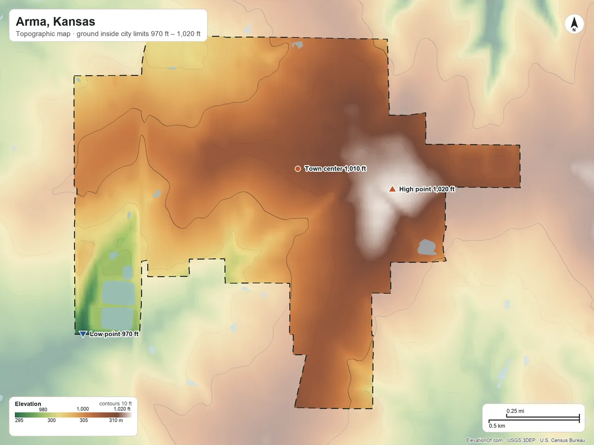 Topographic elevation map of Arma, Kansas, shaded from 970 ft on the southwest side to 1,020 ft on the east side