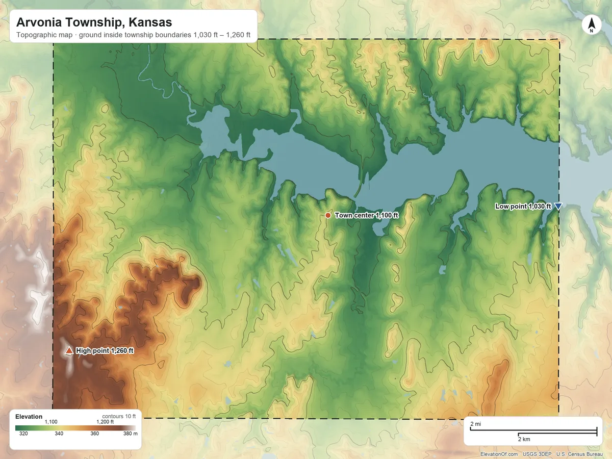 Topographic elevation map of Arvonia Township, Kansas, shaded from 1,030 ft on the east side to 1,260 ft on the southwest side