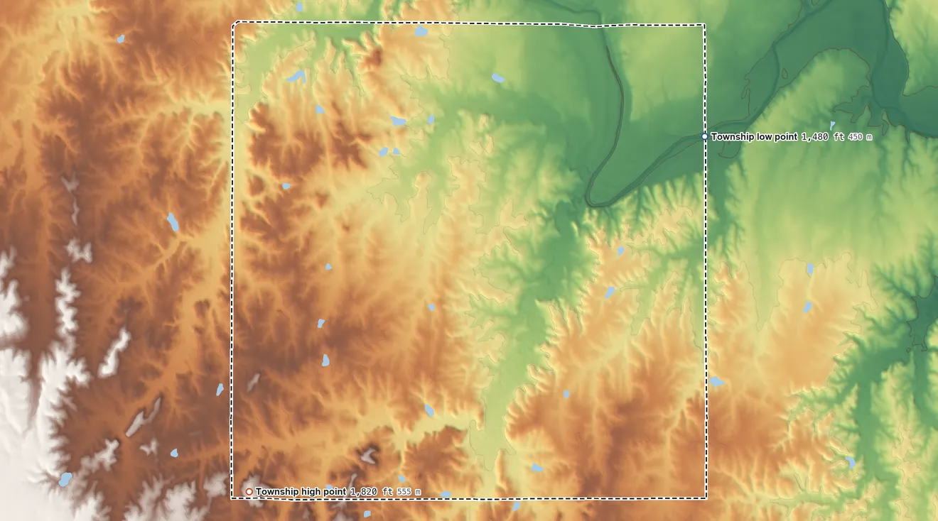 Topographic elevation map of Ash Creek Township, Kansas, shaded from 1,480 ft on the northeast side to 1,820 ft on the southwest side