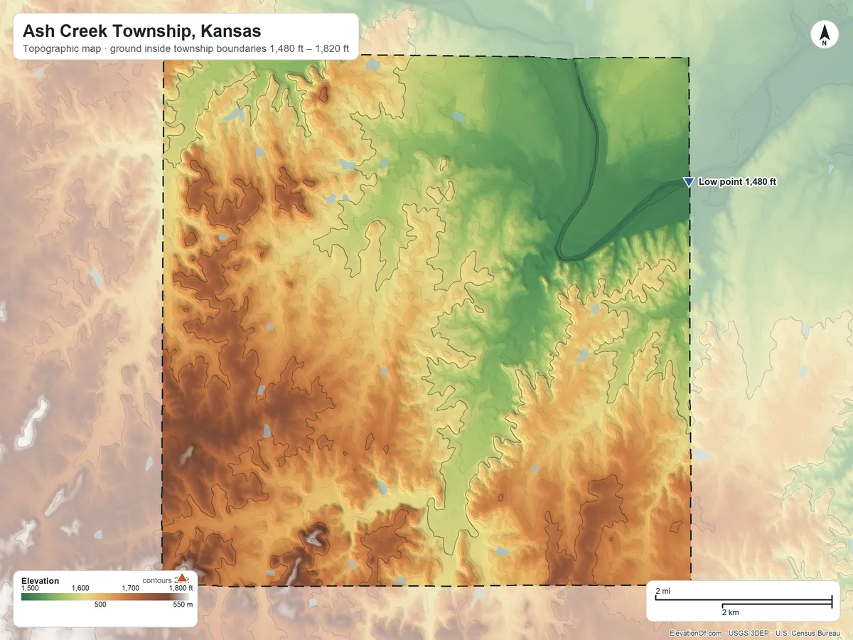 Topographic elevation map of Ash Creek Township, Kansas, shaded from 1,480 ft on the northeast side to 1,820 ft on the southwest side