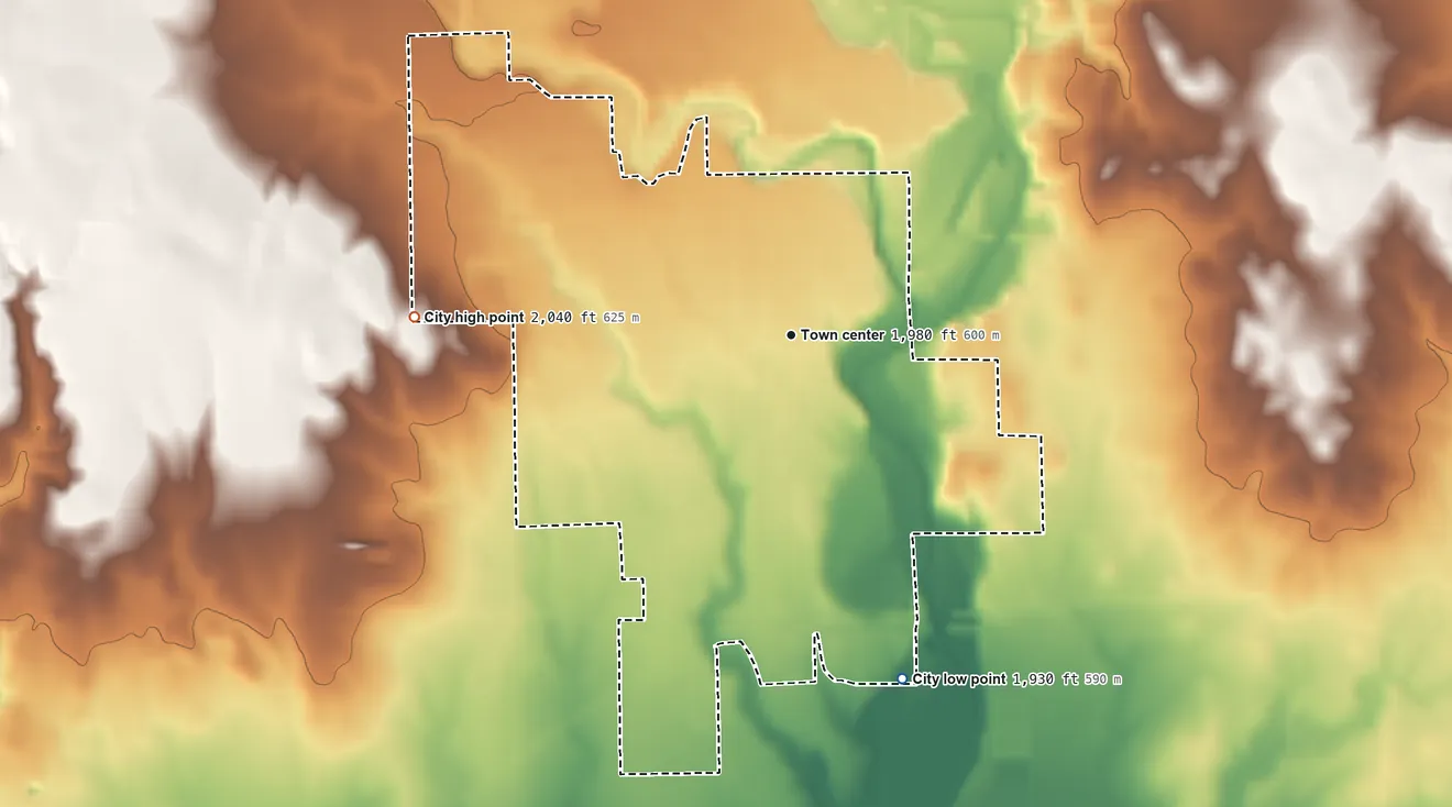 Topographic elevation map of Ashland, Kansas, shaded from 1,930 ft on the south side to 2,040 ft on the west side