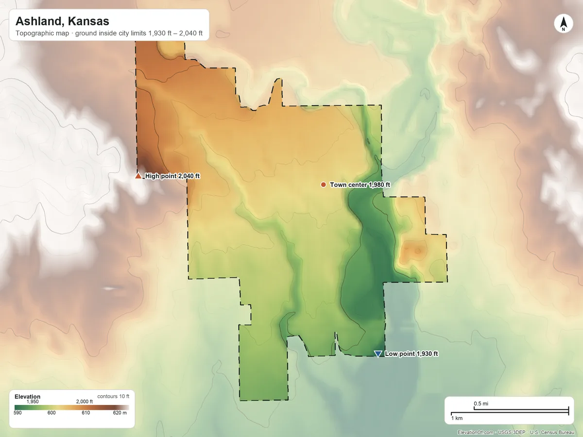 Topographic elevation map of Ashland, Kansas, shaded from 1,930 ft on the south side to 2,040 ft on the west side