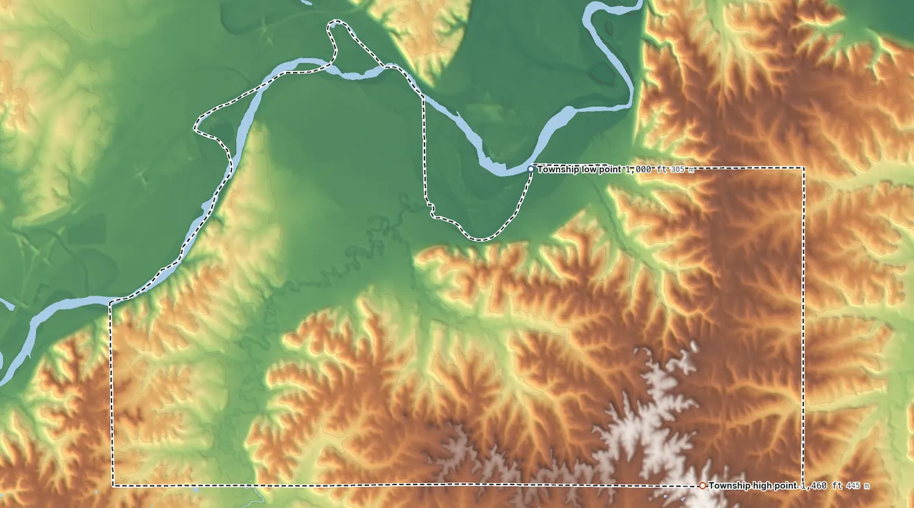 Topographic elevation map of Ashland Township, Kansas, shaded from 1,000 ft on the northeast side to 1,460 ft on the southeast side