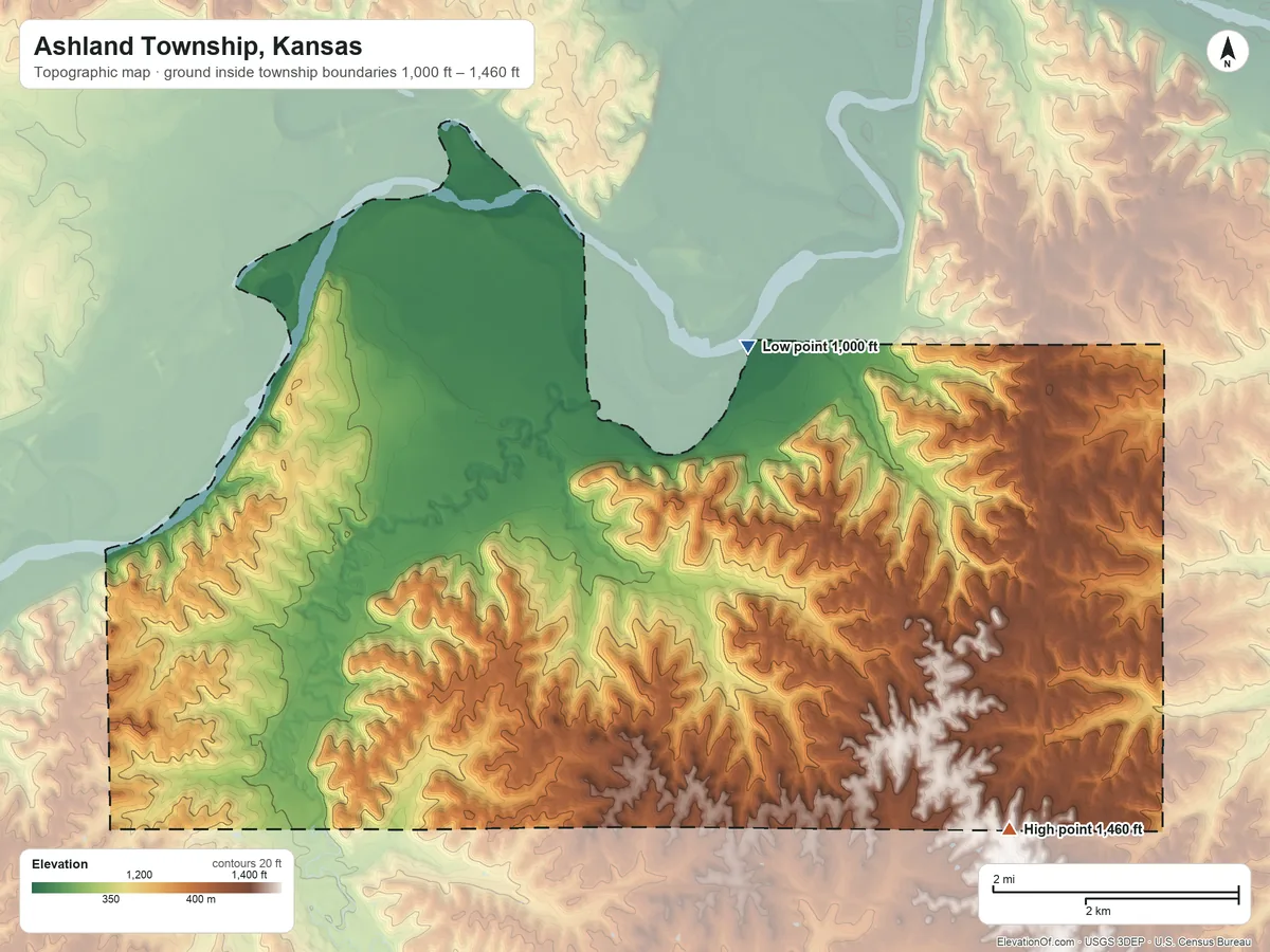 Topographic elevation map of Ashland Township, Kansas, shaded from 1,000 ft on the northeast side to 1,460 ft on the southeast side