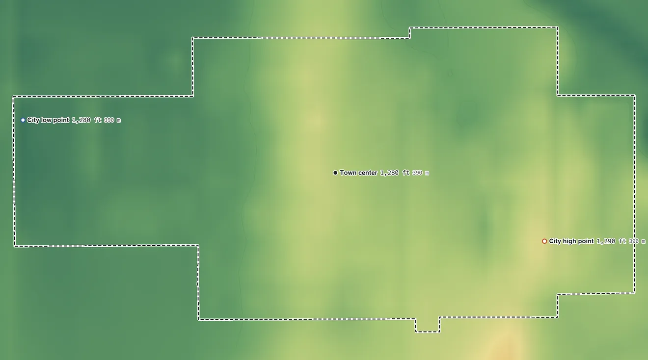 Topographic elevation map of Assaria, Kansas, shaded from 1,280 ft on the west side to 1,290 ft on the east side
