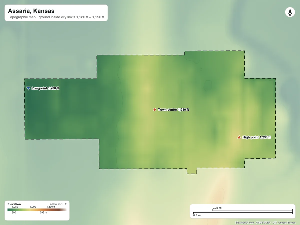 Topographic elevation map of Assaria, Kansas, shaded from 1,280 ft on the west side to 1,290 ft on the east side
