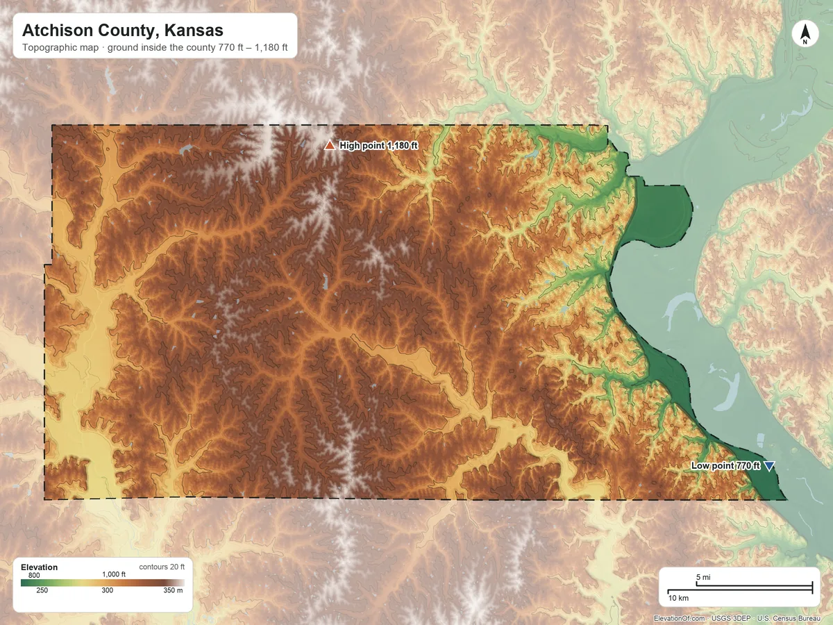 Topographic elevation map of Atchison County, Kansas, shaded from 770 ft on the southeast side to 1,180 ft on the northwest side