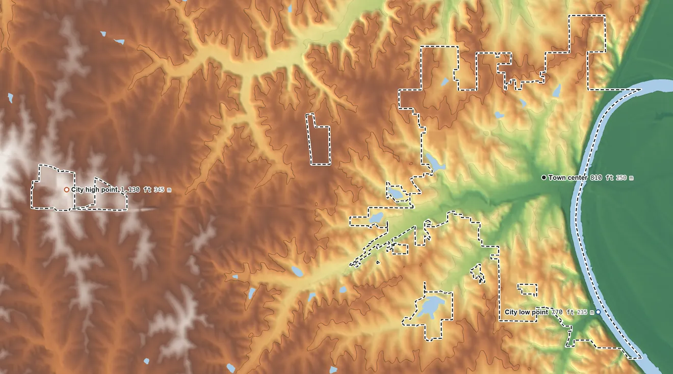 Topographic elevation map of Atchison, Kansas, shaded from 770 ft on the south side to 1,130 ft on the west side