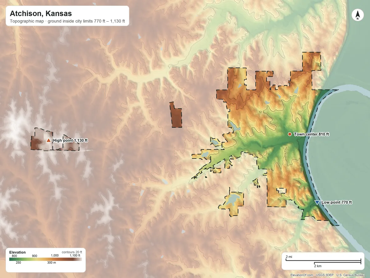 Topographic elevation map of Atchison, Kansas, shaded from 770 ft on the south side to 1,130 ft on the west side