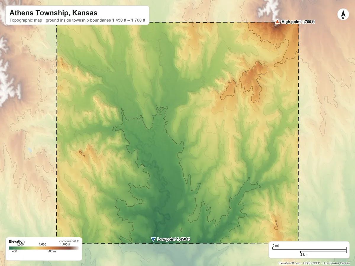 Topographic elevation map of Athens Township, Kansas, shaded from 1,450 ft on the south side to 1,760 ft on the northeast side