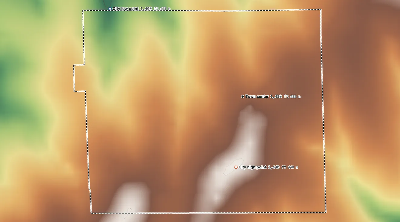 Topographic elevation map of Atlanta, Kansas, shaded from 1,400 ft on the northwest side to 1,440 ft on the south side