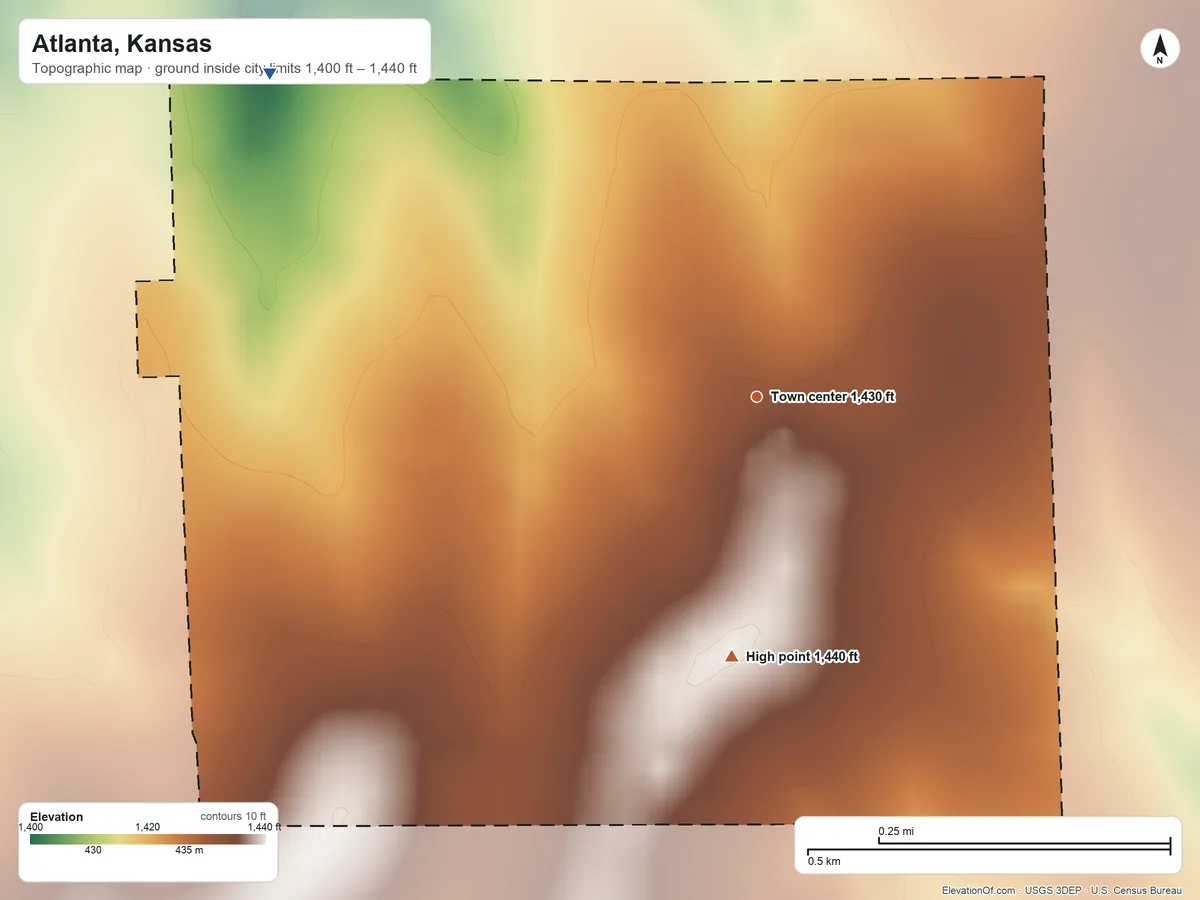 Topographic elevation map of Atlanta, Kansas, shaded from 1,400 ft on the northwest side to 1,440 ft on the south side