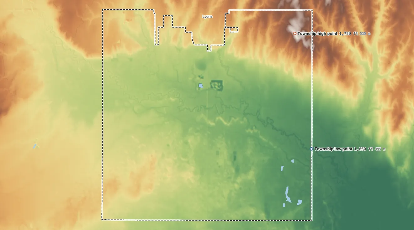 Topographic elevation map of Atlanta Township, Kansas, shaded from 1,630 ft on the southeast side to 1,750 ft on the northeast side