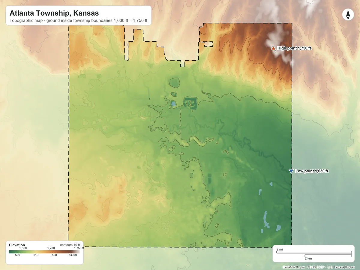 Topographic elevation map of Atlanta Township, Kansas, shaded from 1,630 ft on the southeast side to 1,750 ft on the northeast side