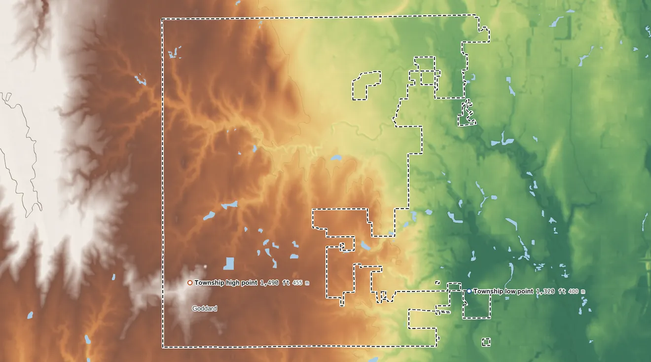 Topographic elevation map of Attica Township, Kansas, shaded from 1,320 ft on the east side to 1,490 ft on the west side