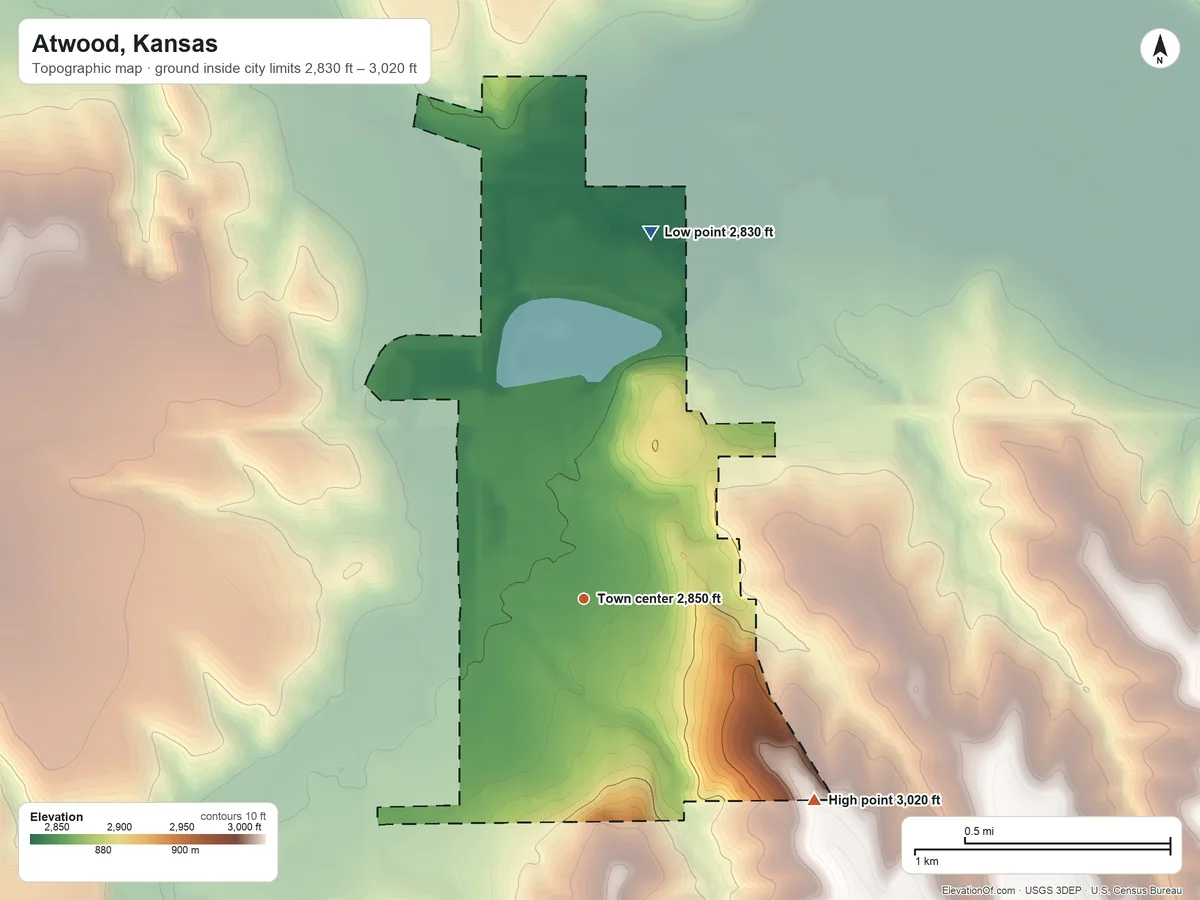 Topographic elevation map of Atwood, Kansas, shaded from 2,830 ft on the north side to 3,020 ft on the southeast side