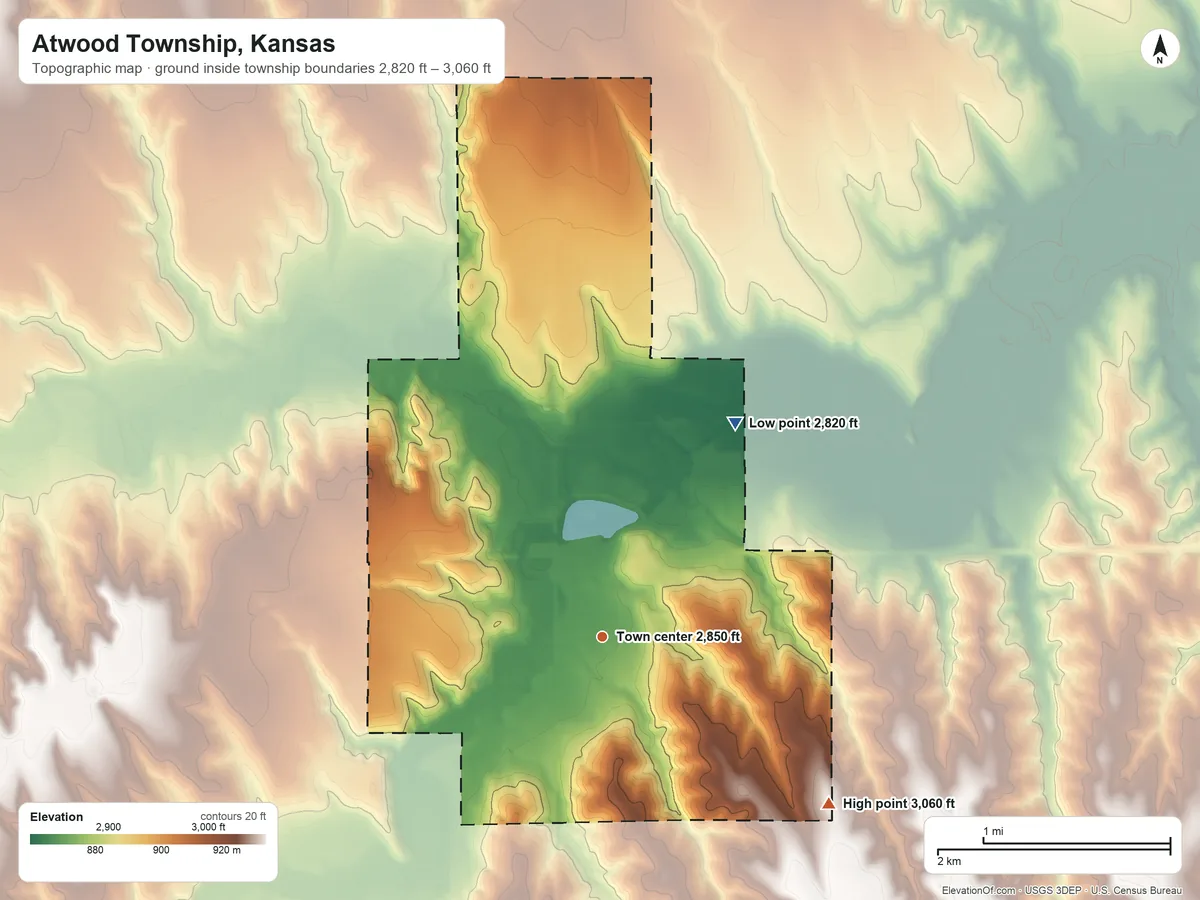 Topographic elevation map of Atwood Township, Kansas, shaded from 2,820 ft on the northeast side to 3,060 ft on the southeast side
