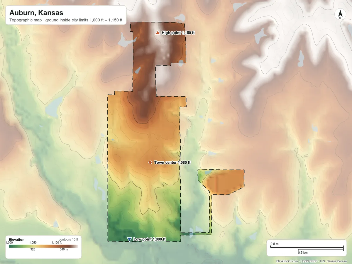 Topographic elevation map of Auburn, Kansas, shaded from 1,000 ft on the south side to 1,150 ft on the north side