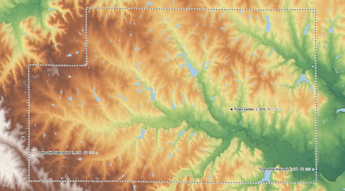 Topographic elevation map of Auburn Township, Kansas, shaded from 970 ft on the southeast side to 1,290 ft on the west side