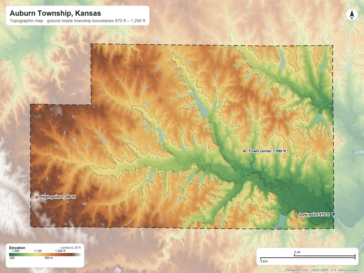 Topographic elevation map of Auburn Township, Kansas, shaded from 970 ft on the southeast side to 1,290 ft on the west side