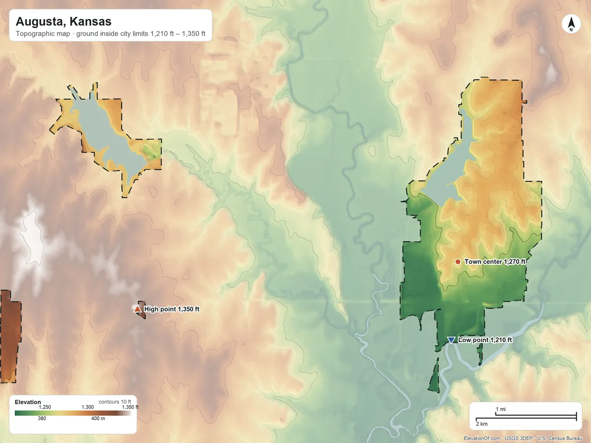 Topographic elevation map of Augusta, Kansas, shaded from 1,210 ft on the south side to 1,350 ft on the west side