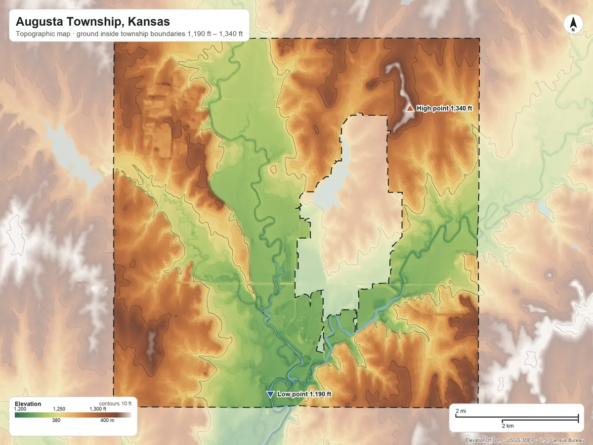 Topographic elevation map of Augusta Township, Kansas, shaded from 1,190 ft on the south side to 1,340 ft on the northeast side