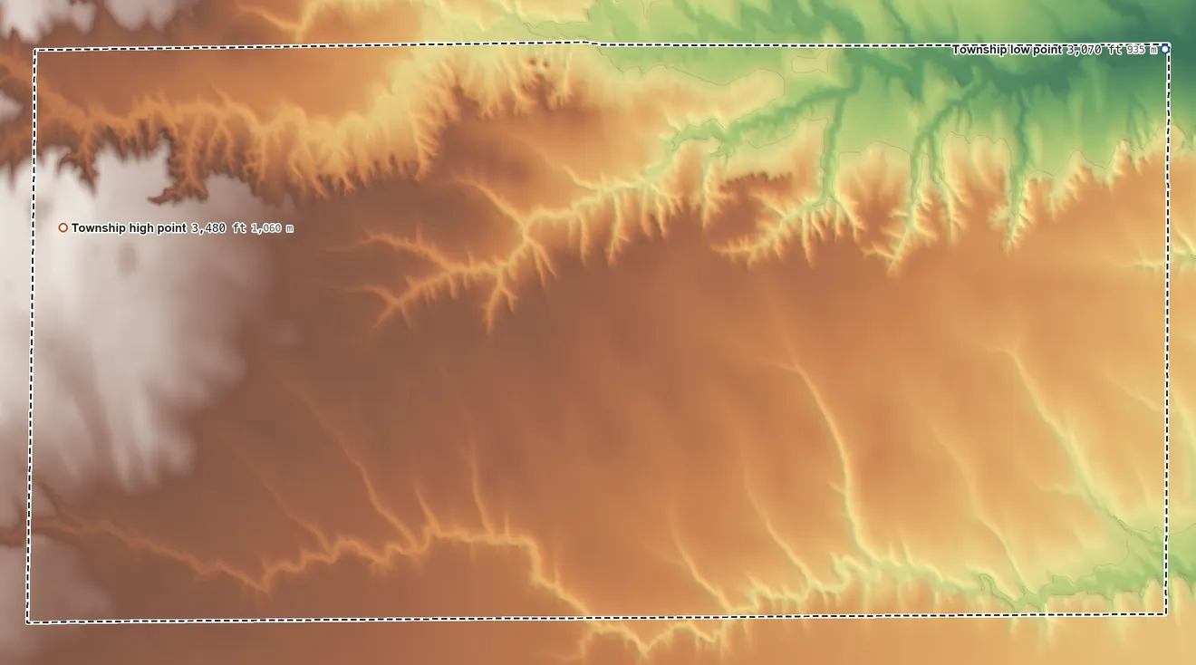 Topographic elevation map of Augustine Township, Kansas, shaded from 3,070 ft on the northeast side to 3,480 ft on the northwest side