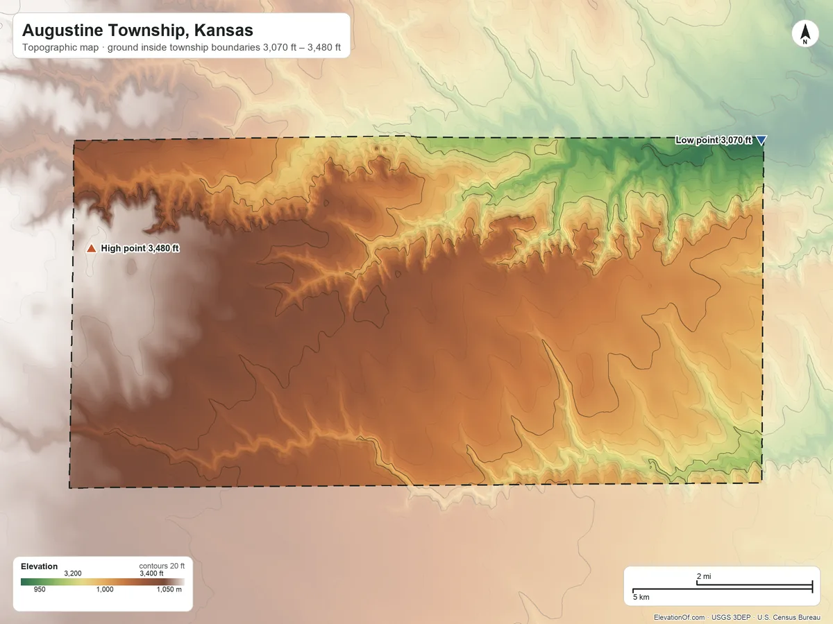 Topographic elevation map of Augustine Township, Kansas, shaded from 3,070 ft on the northeast side to 3,480 ft on the northwest side