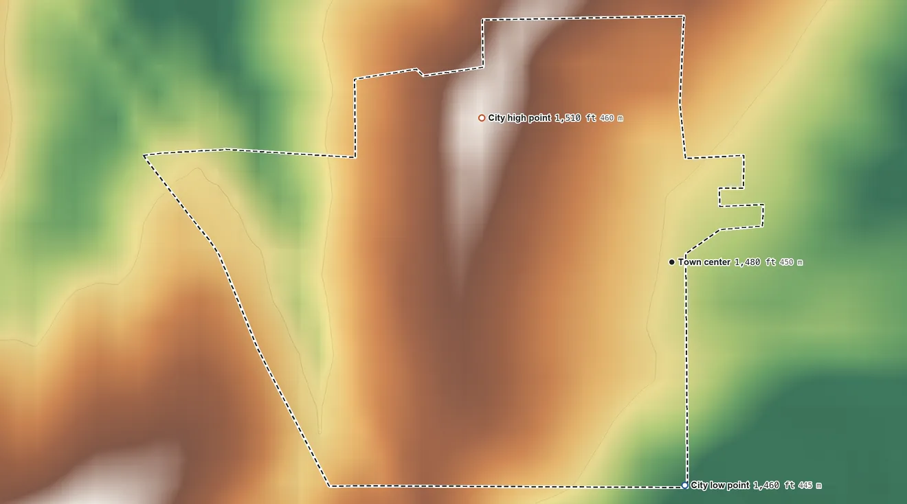 Topographic elevation map of Aurora, Kansas, shaded from 1,460 ft on the south side to 1,510 ft on the northwest side