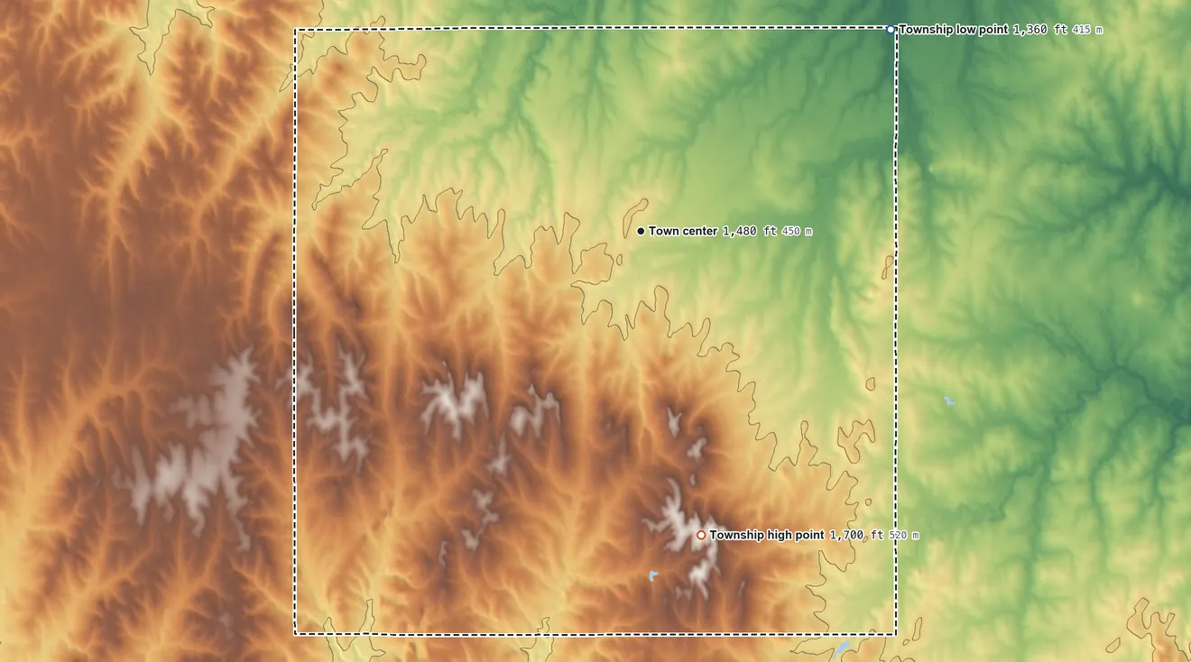 Topographic elevation map of Aurora Township, Kansas, shaded from 1,360 ft on the northeast side to 1,700 ft on the south side