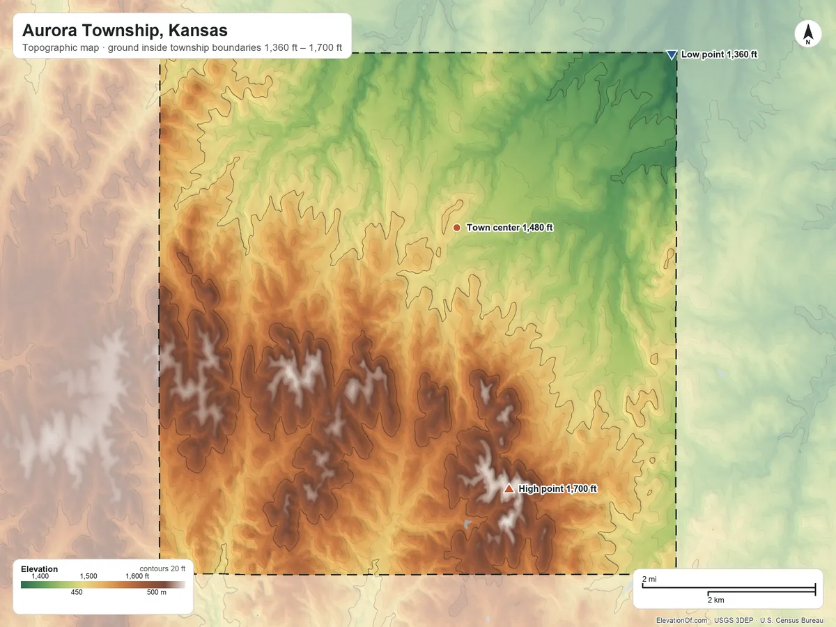 Topographic elevation map of Aurora Township, Kansas, shaded from 1,360 ft on the northeast side to 1,700 ft on the south side