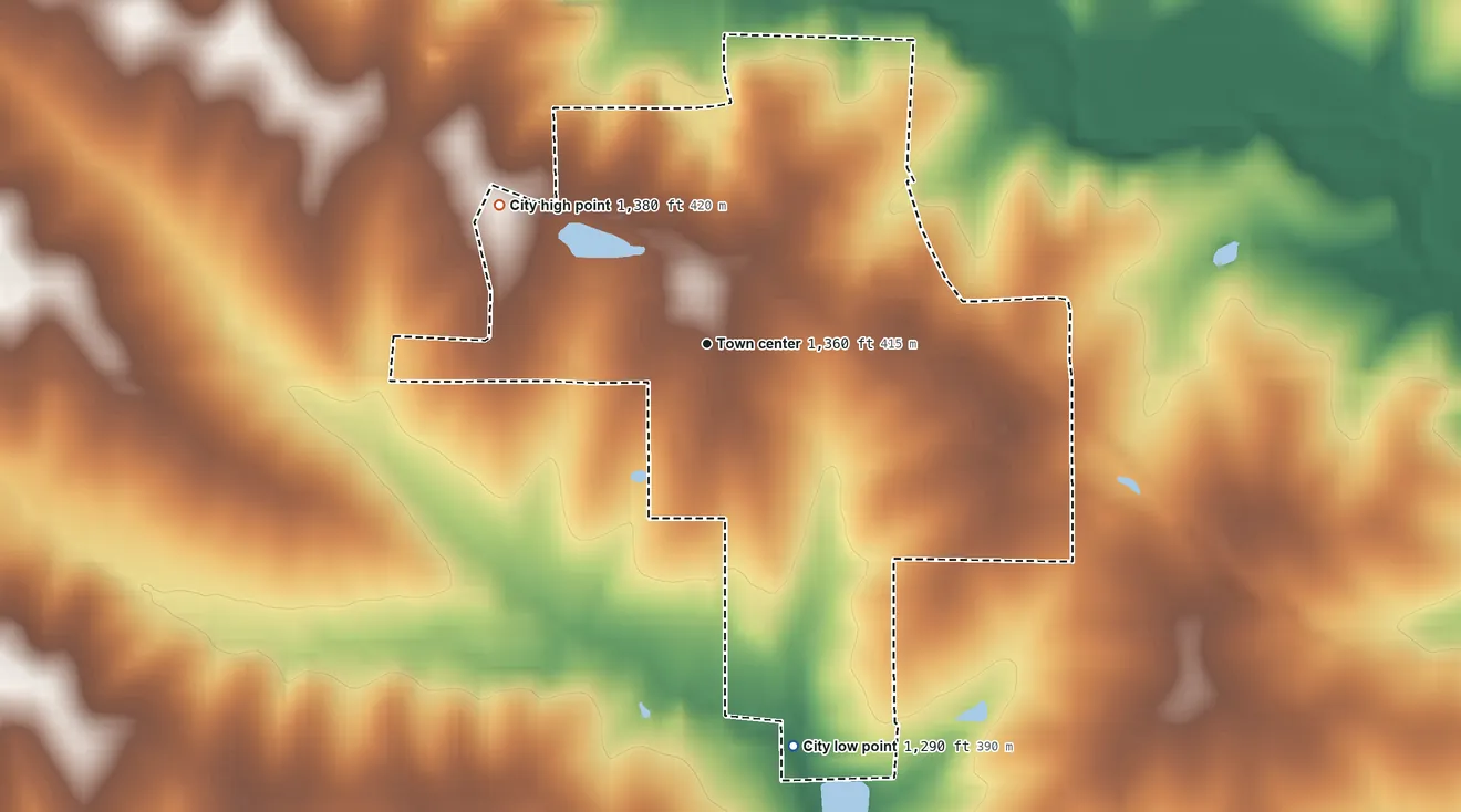 Topographic elevation map of Axtell, Kansas, shaded from 1,290 ft on the south side to 1,380 ft on the northwest side
