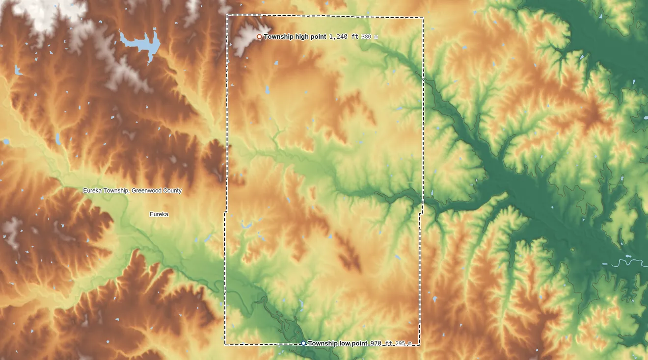 Topographic elevation map of Bachelor Township, Kansas, shaded from 970 ft on the south side to 1,240 ft on the north side