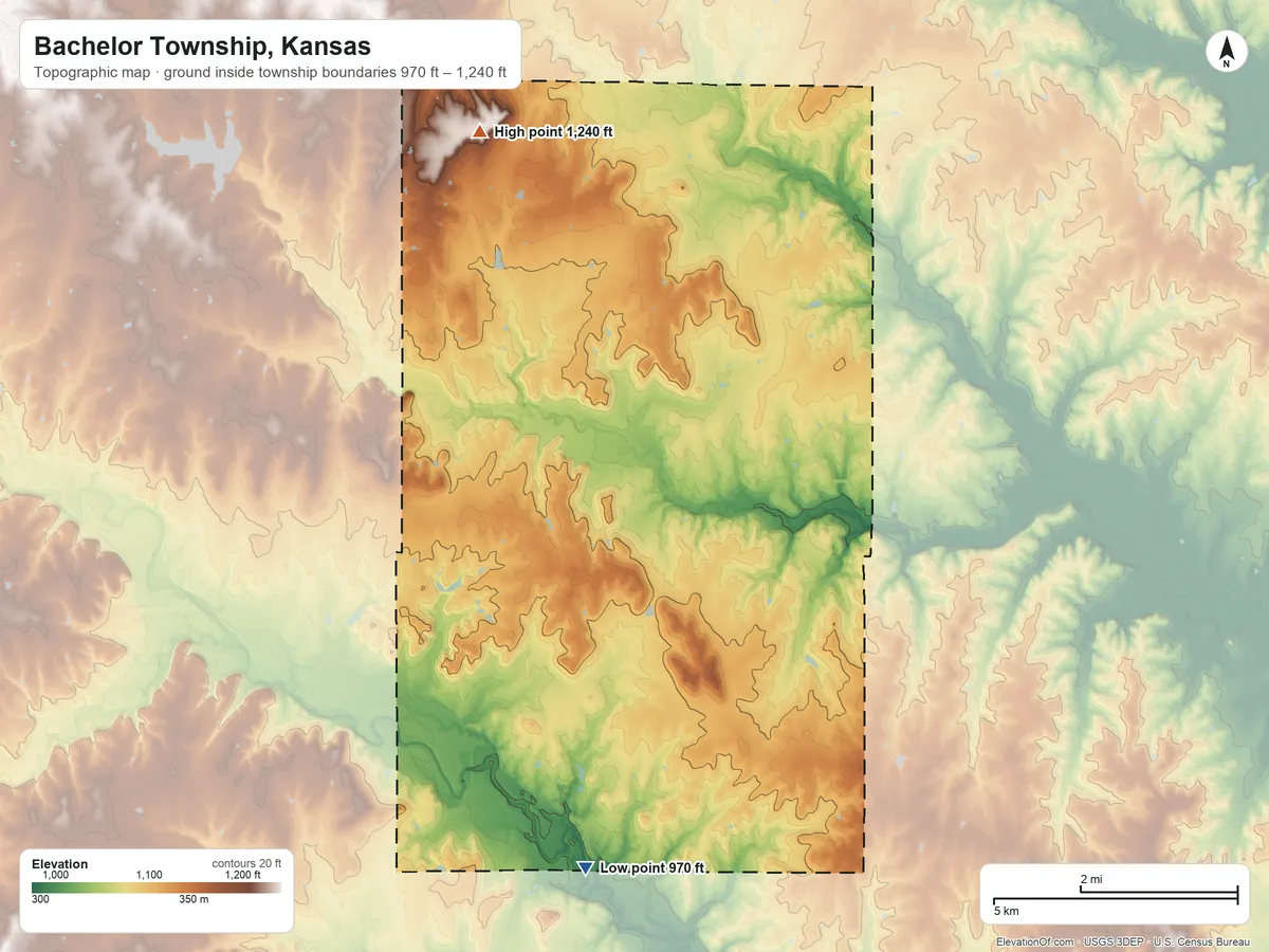 Topographic elevation map of Bachelor Township, Kansas, shaded from 970 ft on the south side to 1,240 ft on the north side