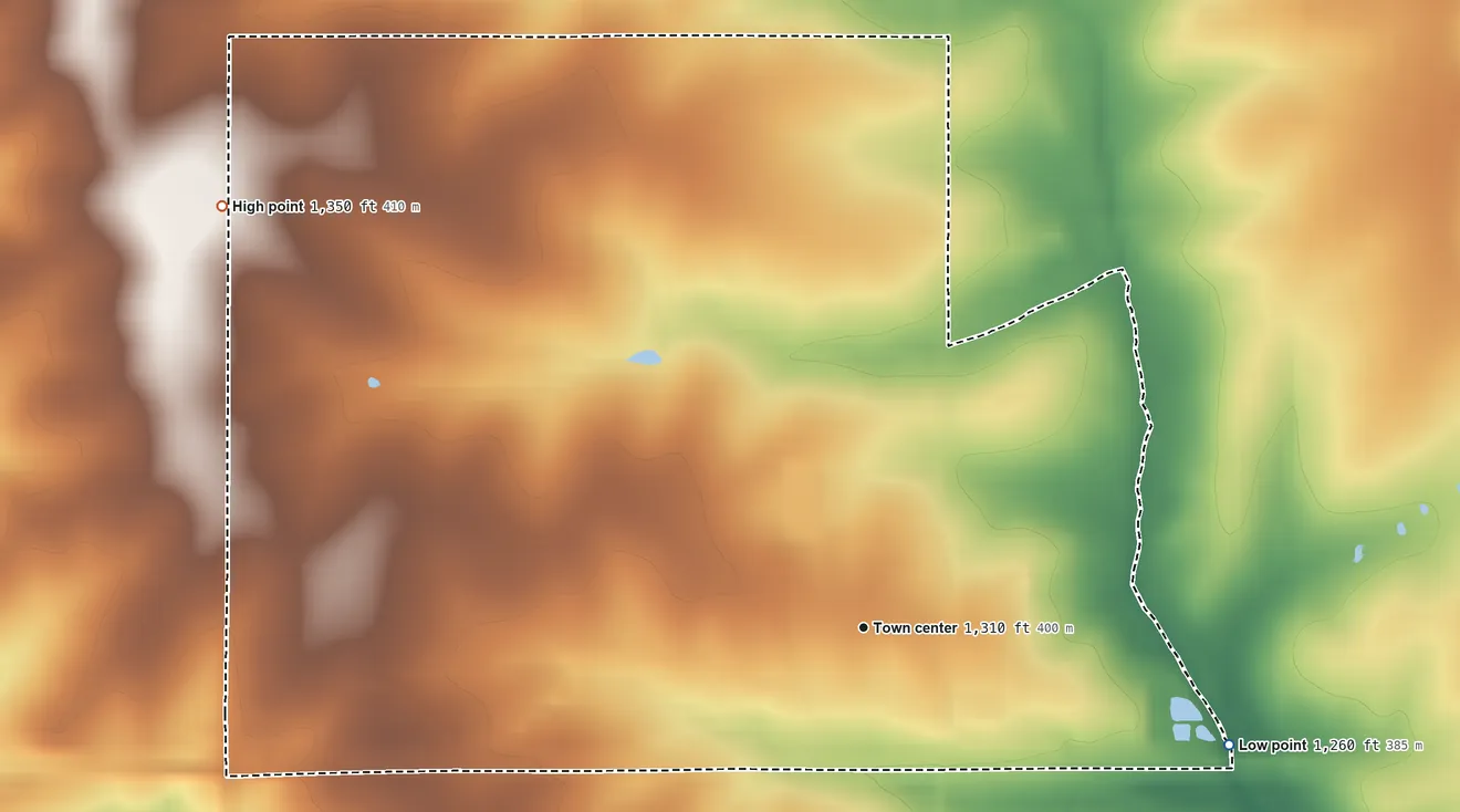 Topographic elevation map of Baileyville, Kansas, shaded from 1,260 ft on the east side to 1,350 ft on the northwest side