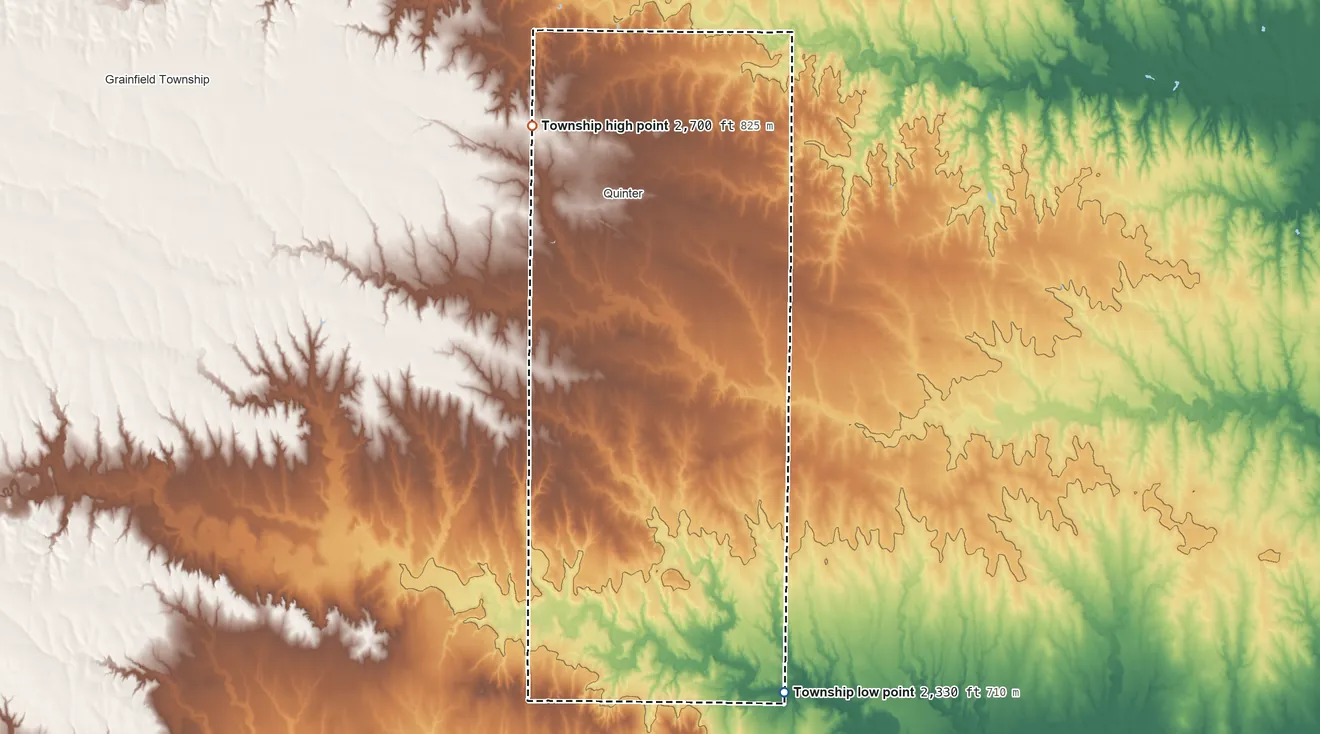 Topographic elevation map of Baker Township, Gove County, Kansas, shaded from 2,330 ft on the south side to 2,700 ft on the northwest side