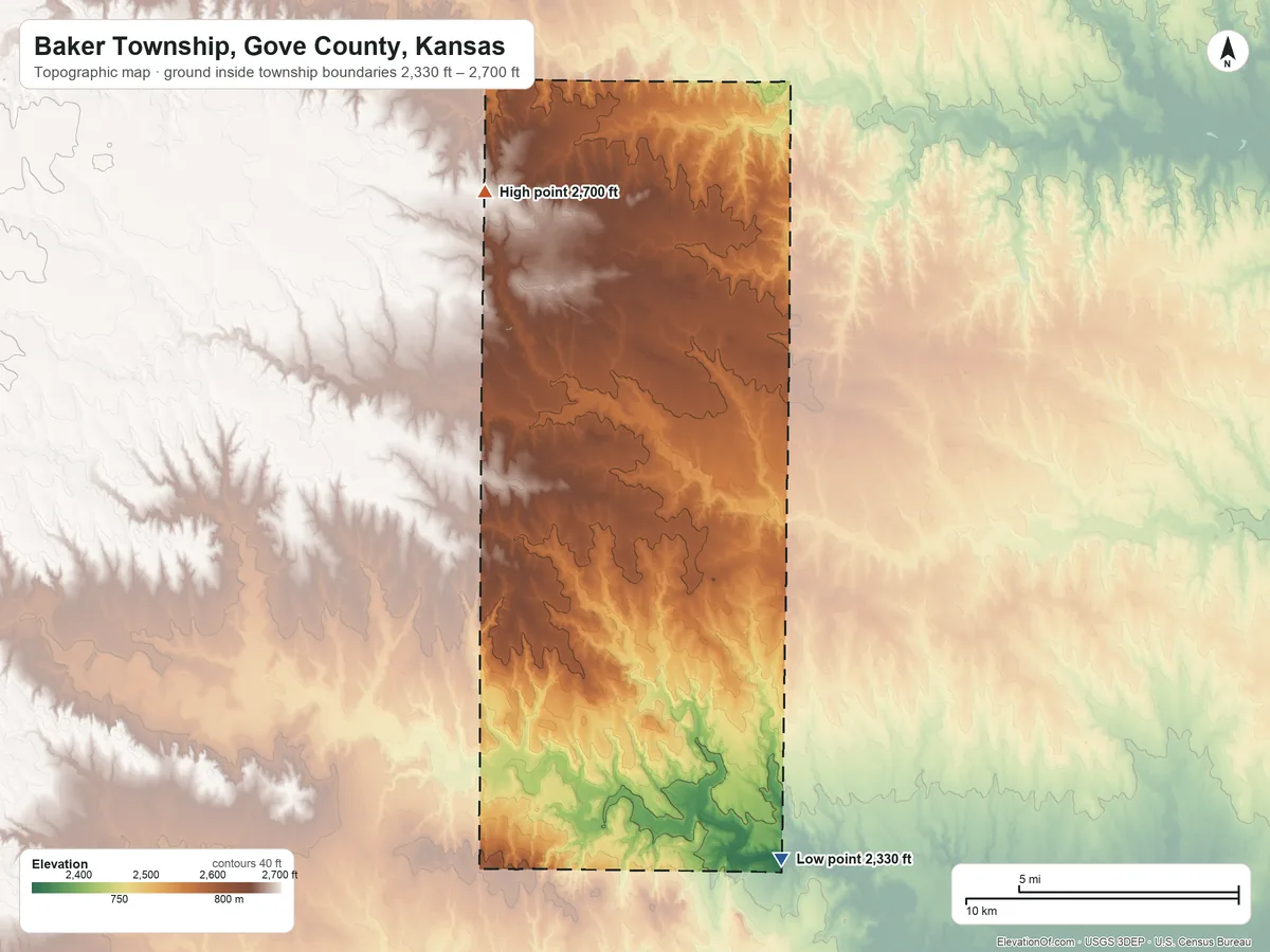 Topographic elevation map of Baker Township, Gove County, Kansas, shaded from 2,330 ft on the south side to 2,700 ft on the northwest side