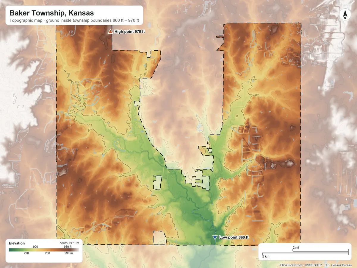 Topographic elevation map of Baker Township, Kansas, shaded from 860 ft on the southeast side to 970 ft on the north side