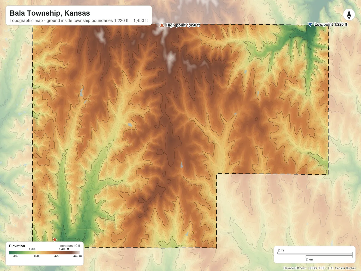 Topographic elevation map of Bala Township, Kansas, shaded from 1,220 ft on the northeast side to 1,450 ft on the northeast side