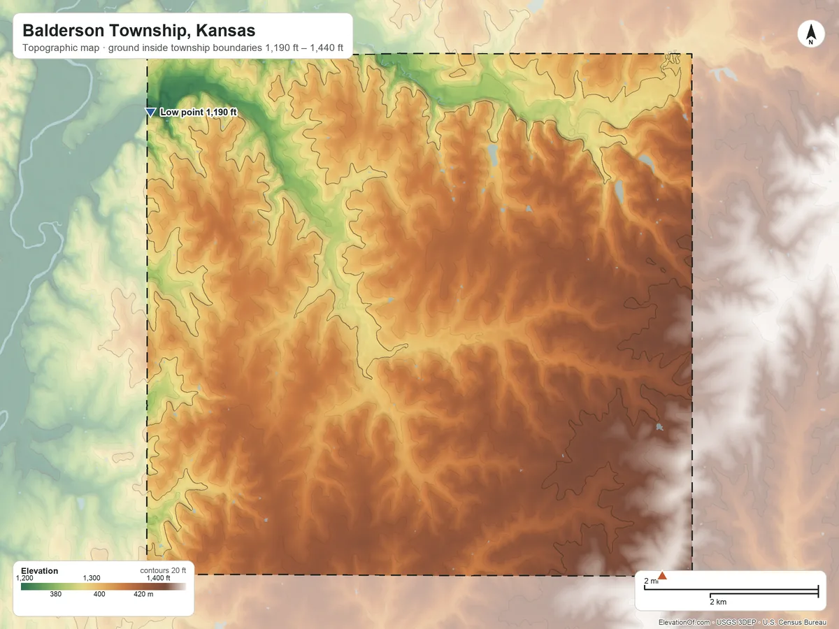 Topographic elevation map of Balderson Township, Kansas, shaded from 1,190 ft on the northwest side to 1,440 ft on the southeast side