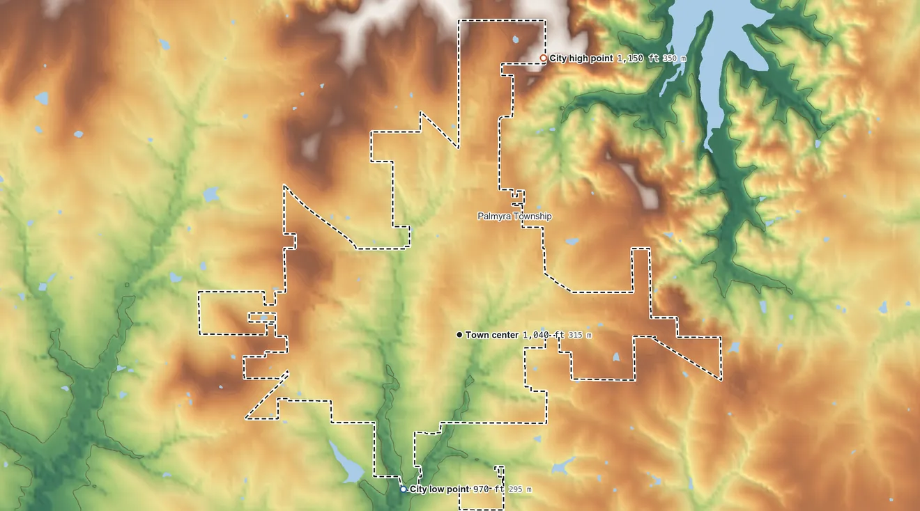 Topographic elevation map of Baldwin City, Kansas, shaded from 970 ft on the south side to 1,150 ft on the north side