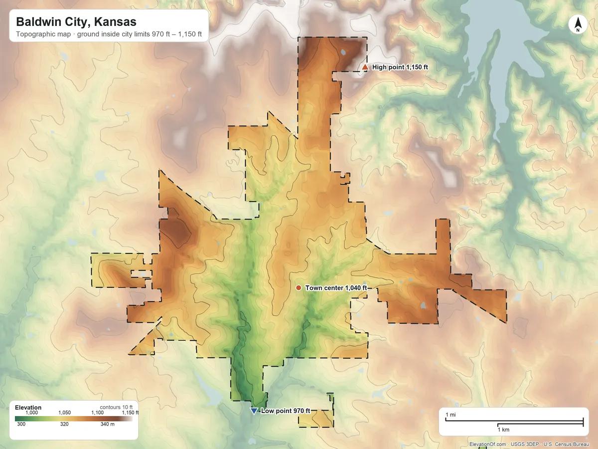 Topographic elevation map of Baldwin City, Kansas, shaded from 970 ft on the south side to 1,150 ft on the north side