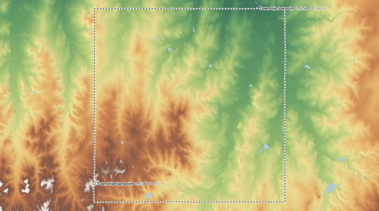 Topographic elevation map of Banner Township, Dickinson County, Kansas, shaded from 1,250 ft on the north side to 1,530 ft on the west side