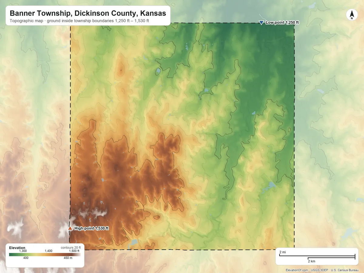Topographic elevation map of Banner Township, Dickinson County, Kansas, shaded from 1,250 ft on the north side to 1,530 ft on the west side