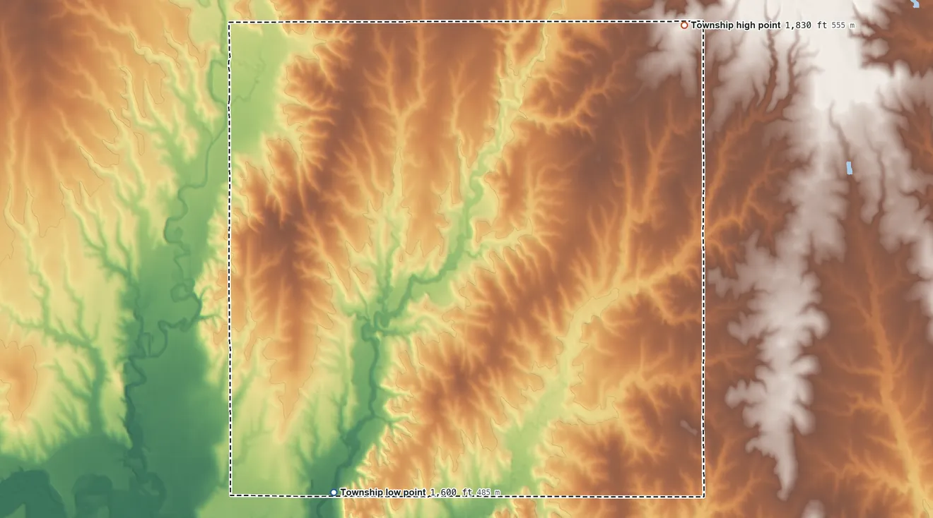 Topographic elevation map of Banner Township, Smith County, Kansas, shaded from 1,600 ft on the southwest side to 1,830 ft on the northeast side