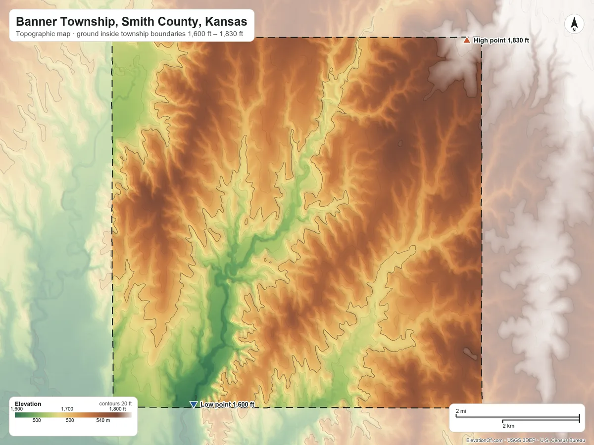 Topographic elevation map of Banner Township, Smith County, Kansas, shaded from 1,600 ft on the southwest side to 1,830 ft on the northeast side